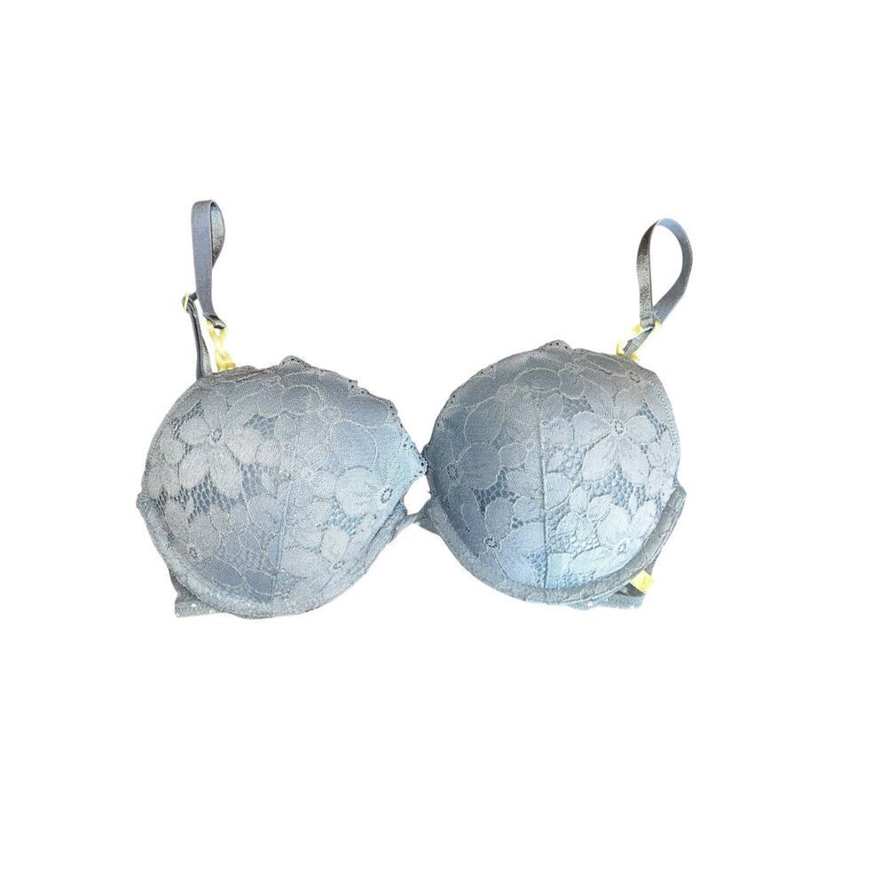 Victoria Secrets 32D blue lace flowers push up sexy sheer bra yellow accents
